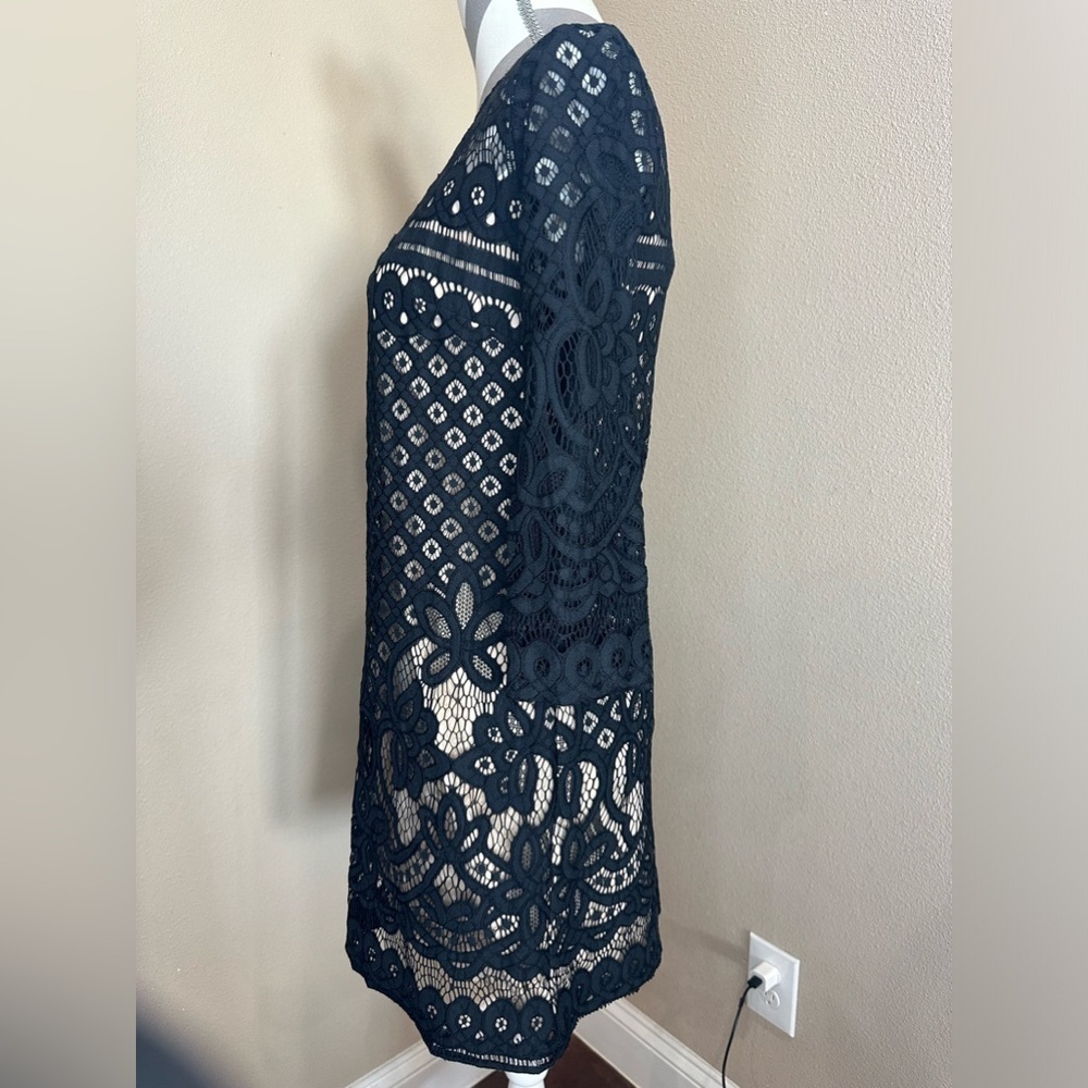 B. DARLIN Women’s Black Lace Dress With Nude Underlay - Picture 2 of 7